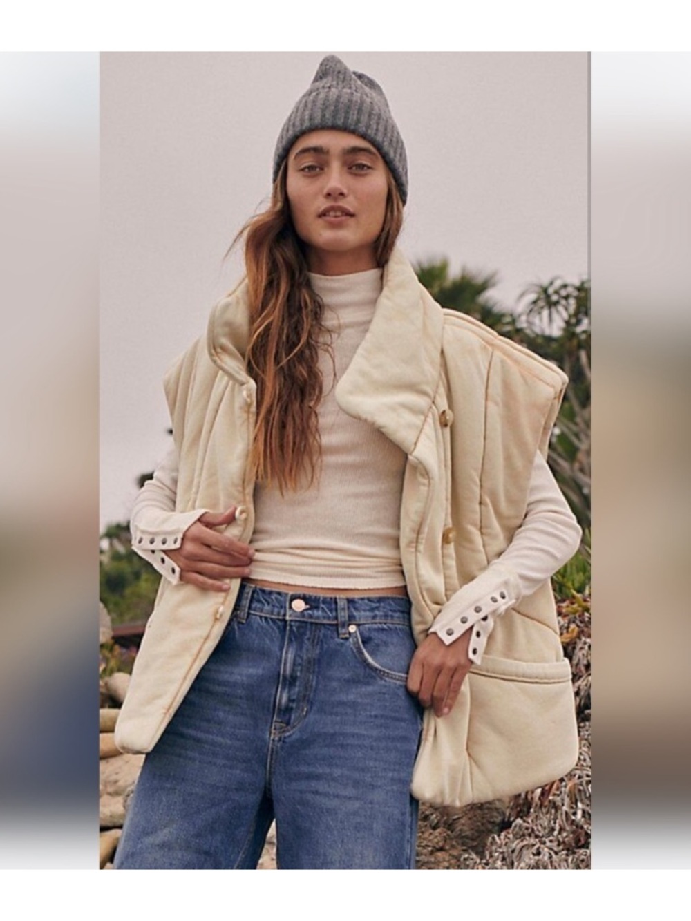 Free People Cream Quilted Vest with High Collar